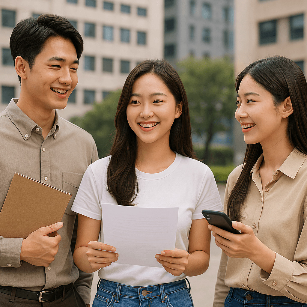 경기도 청년들이 기본소득 신청을 준비하며 서류와 스마트폰을 들고 대화하는 모습