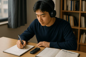 오픽 AL 시험을 준비하며 집중해서 학습 계획을 세우는 청년의 모습