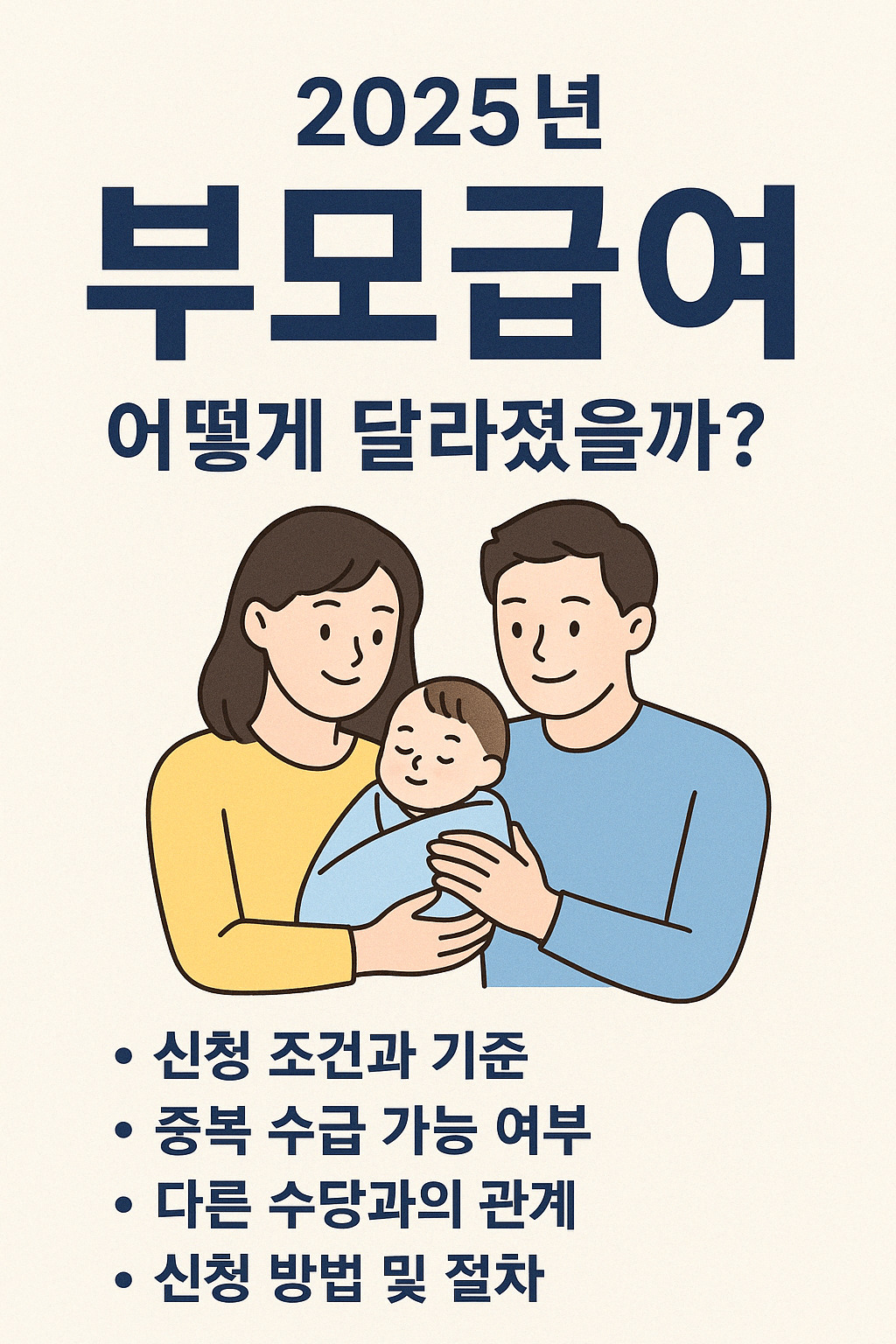 2025년 부모급여 지원 정책을 설명하는 한국어 인포그래픽 일러스트