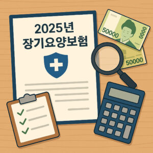 2025년 장기요양보험 신청과 혜택을 상징하는 문서, 계산기, 체크리스트, 지폐 일러스트