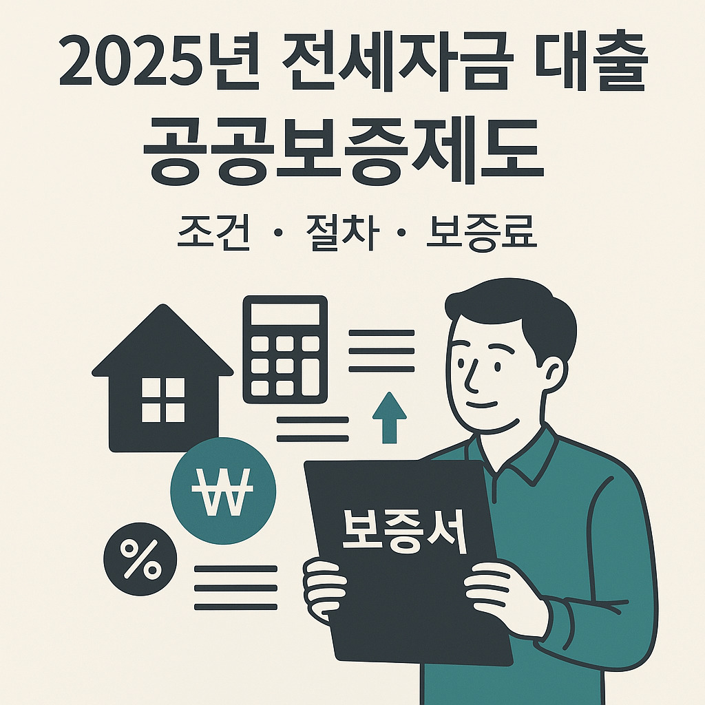 2025년 전세자금 대출 공공보증제도를 설명하는 인포그래픽. 남성이 보증서를 들고 있으며, 집, 계산기, 원화 기호 등의 아이콘이 함께 배치되어 있음.