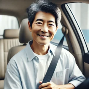 60대 한국인 남성이 차량 안에서 안전벨트를 매며 미소 짓는 모습