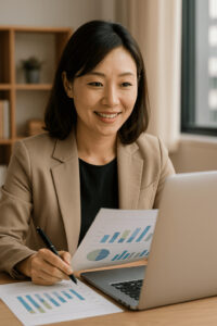 서류를 들고 밝게 웃는 경력단절 여성의 모습 – 재취업 프로그램 소개