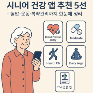 스마트폰을 들고 있는 시니어 여성이 건강 앱 아이콘들을 바라보는 일러스트, 혈압·운동·복약 관리용 앱 5종 소개