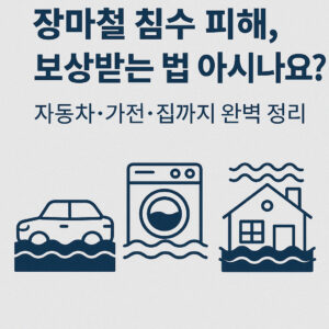 장마철 침수 피해 보상 안내 이미지 - 자동차, 가전제품, 주택의 침수 상황을 아이콘으로 표현
