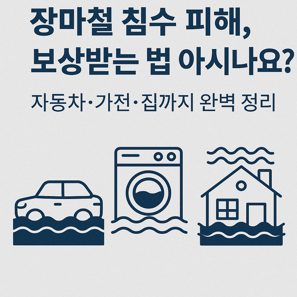 장마철 침수 피해 보상 안내 이미지 - 자동차, 가전제품, 주택의 침수 상황을 아이콘으로 표현