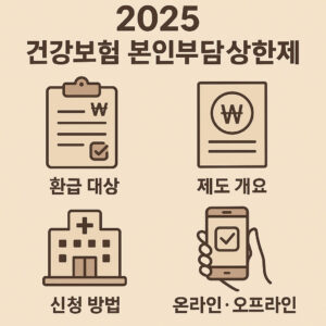 2025년 건강보험 본인부담상한제 제도를 상징적으로 표현한 일러스트. 클립보드, 병원, 스마트폰, 화폐서류 아이콘이 각각 환급 대상, 제도 개요, 신청 방법, 온라인·오프라인 접수를 나타낸다.