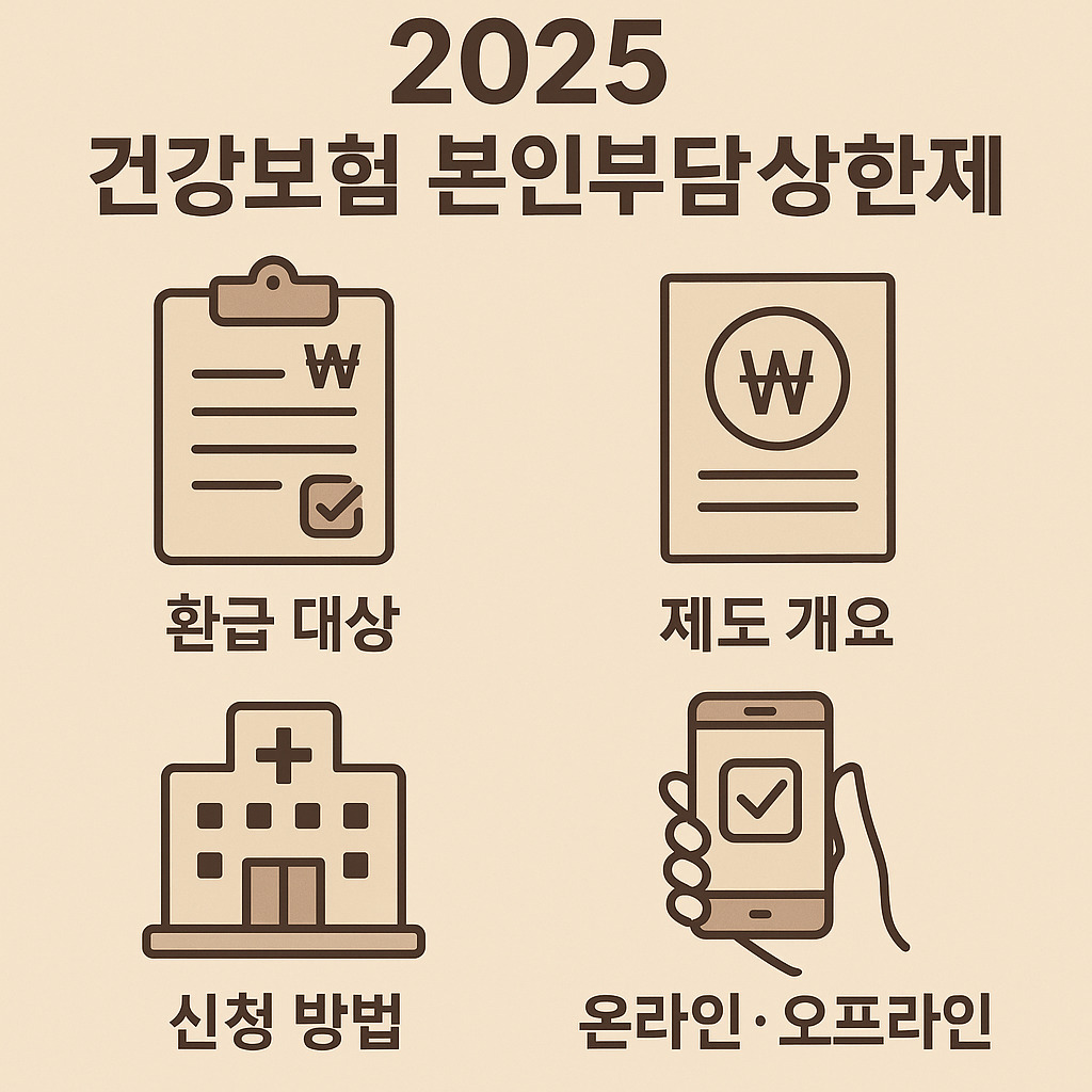 2025년 건강보험 본인부담상한제 제도를 상징적으로 표현한 일러스트. 클립보드, 병원, 스마트폰, 화폐서류 아이콘이 각각 환급 대상, 제도 개요, 신청 방법, 온라인·오프라인 접수를 나타낸다.