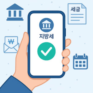 스마트폰으로 지방세 자동납부를 진행하는 사람과 원화 기호가 떠 있는 장면