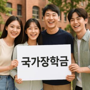 장학금 팻말을 들고 행복한 미소를 짓는 20대 동양인 대학생 4명, 국가장학금