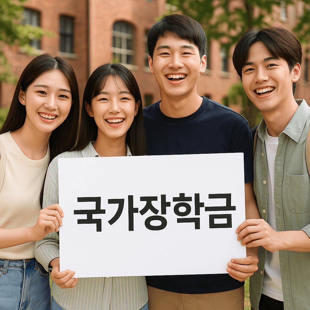 장학금 팻말을 들고 행복한 미소를 짓는 20대 동양인 대학생 4명, 국가장학금
