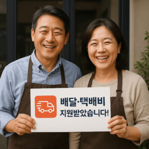 부부 소상공인이 배달·택배비 지원금을 받고 미소 짓는 모습. 부부는 갈색 앞치마를 착용하고, 배달 지원금 안내판을 들고 있음.