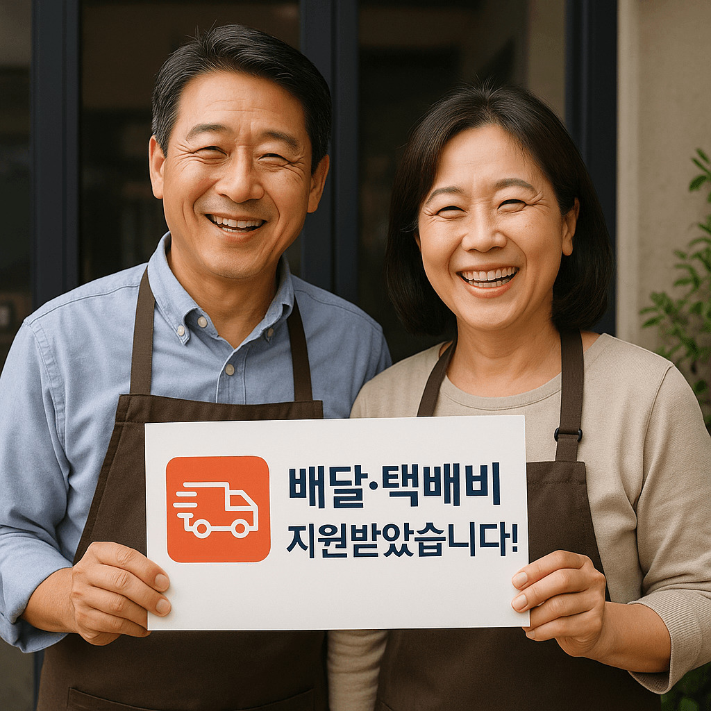 부부 소상공인이 배달·택배비 지원금을 받고 미소 짓는 모습. 부부는 갈색 앞치마를 착용하고, 배달 지원금 안내판을 들고 있음.