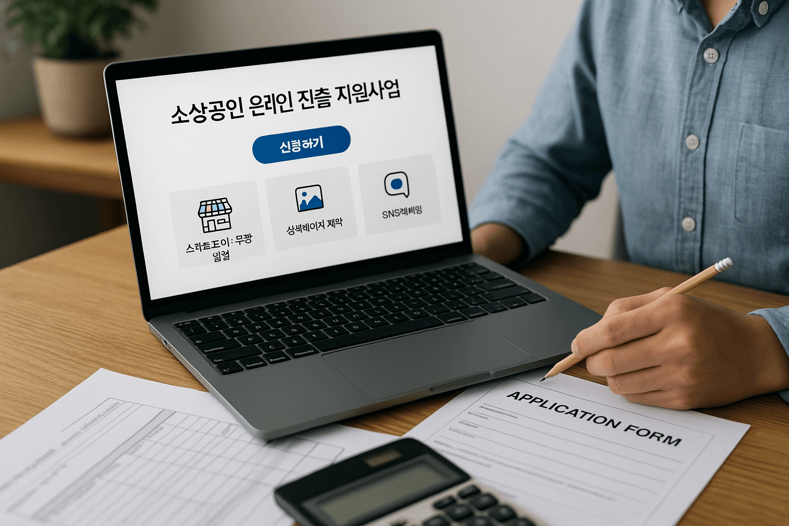 소상공인 온라인 진출 지원사업 신청서를 작성하며 노트북으로 신청 방법을 확인하는 모습
