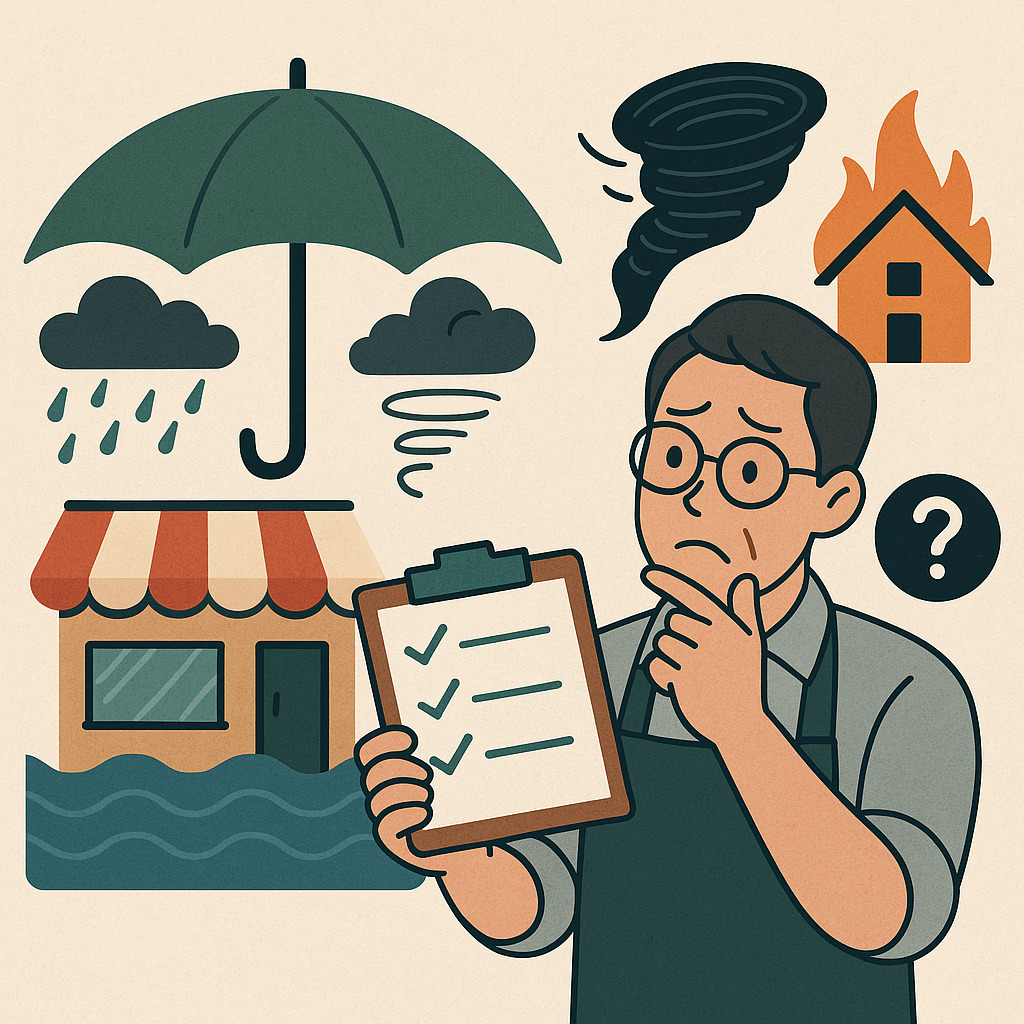 중년 자영업자가 체크리스트를 들고 고민하는 모습. 주변에 우산 아래 상점, 폭우, 회오리바람, 화재 등 재해 요소가 시각적으로 표현되어 있다.