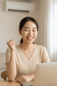 밝은 표정으로 실내에서 일하는 20대 여성, 에어컨 바람 속에서도 피부가 촉촉한 모습