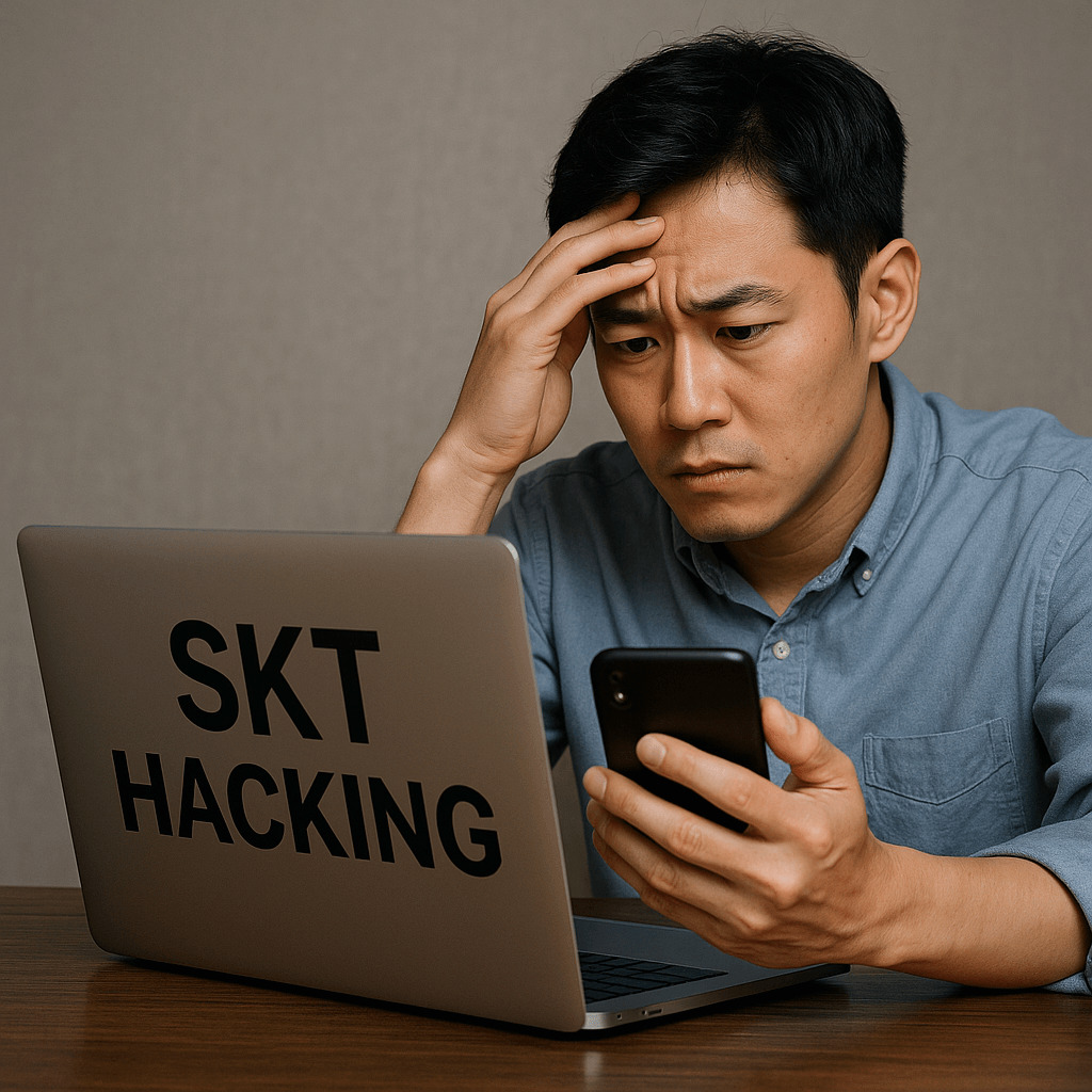 SKT 해킹 사태 관련 정보를 확인하는 동양인 남성, 진지한 표정으로 스마트폰과 노트북을 보고 있는 모습