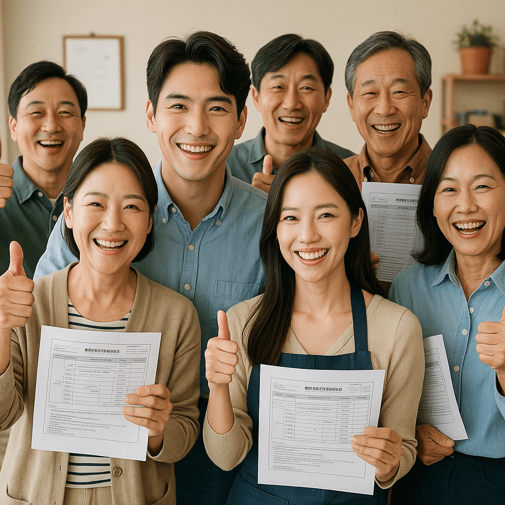 두루누리 사회보험 지원으로 미소 짓는 소규모 한국 사업장 직원들의 모습