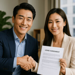 비아파트 임대 계약서에 서명 후 만족스러운 표정을 짓는 남녀
