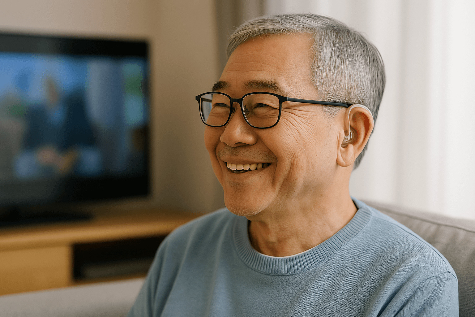 보청기를 착용하고 TV를 시청하며 미소 짓는 60대 동양인 남성의 실사 이미지