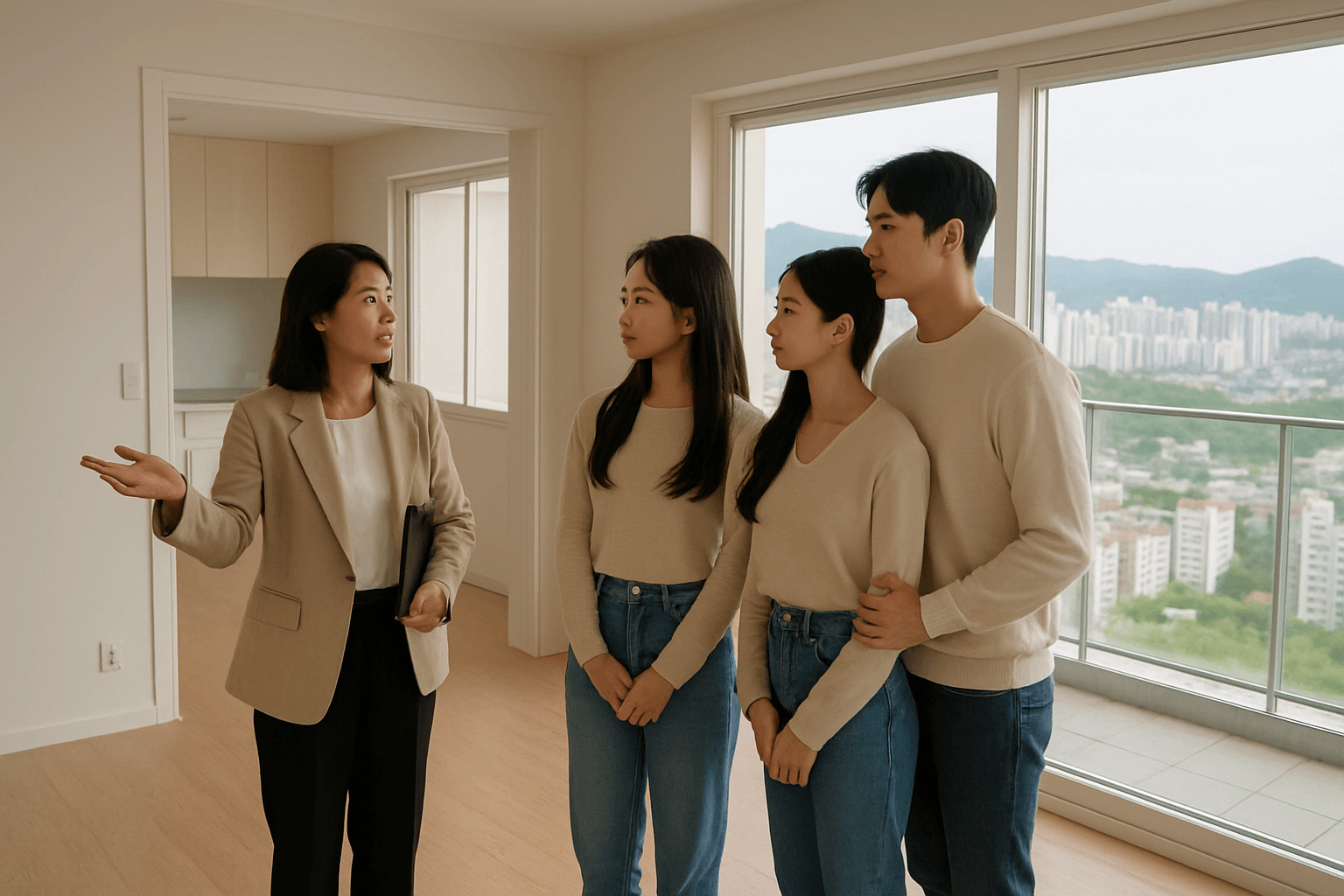 20대 커플과 중개사가 아파트 내부를 함께 둘러보는 모습. 창문 밖으로 도시 전경이 보이는 실내 임장 장면.