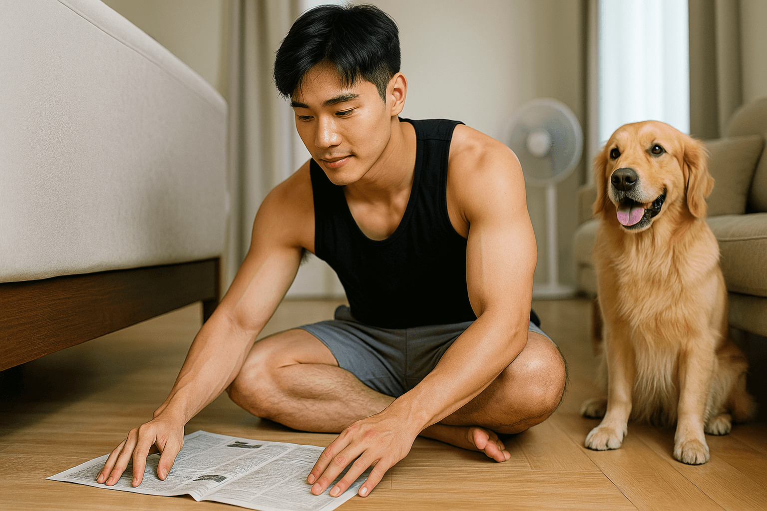 방 습기 제거 하기위해 침대 밑 바닥에 신문지를 펼치는 나시와 반바지를 입은 20대 한국 남성과 그를 바라보는 리트리버