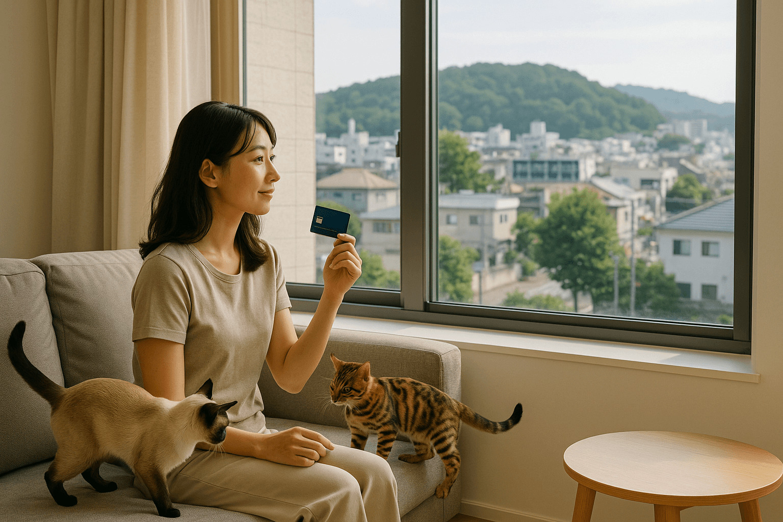 월세 신용 카드 결제를 위해, 원룸 거실에서 신용카드를 손에 든 30대 여성이 소파에 앉아 창밖을 바라보고 있으며, 옆에서 샴고양이와 뱅갈 고양이 두 마리가 놀고 있는 모습