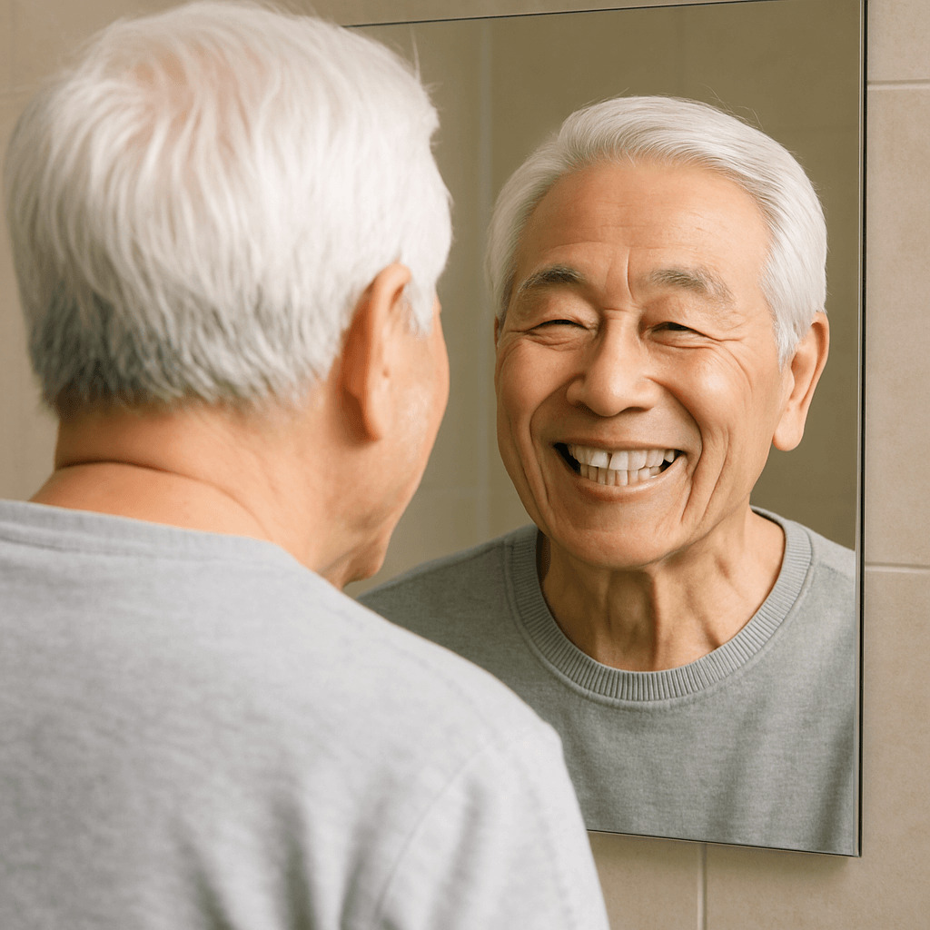 거울을 보며 임플란트 치료 결과에 만족한 표정으로 웃고 있는 70대 한국 노년 남성의 모습