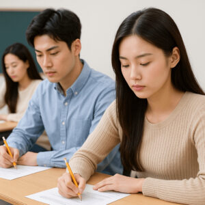 자격증 시험장 안에서 20대 동양인 청년들이 진지하게 자격증 시험을 보고 있는 모습. 조용한 교실에서 학생들이 책상에 앉아 집중하며 시험지를 작성하고 있다.