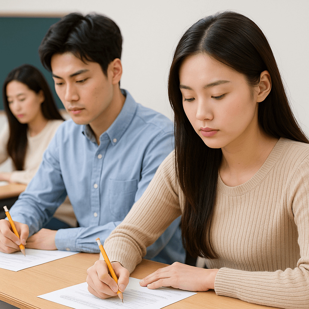 자격증 시험장 안에서 20대 동양인 청년들이 진지하게 자격증 시험을 보고 있는 모습. 조용한 교실에서 학생들이 책상에 앉아 집중하며 시험지를 작성하고 있다.