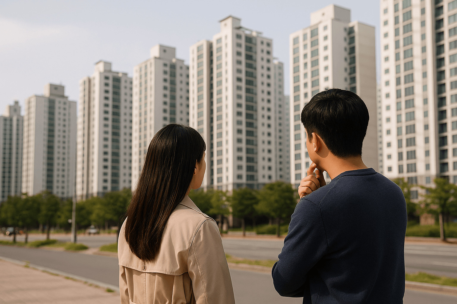 아파트 단지를 바라보며 층간소음이 적은 주거지를 고민하는 30대 한국인 부부의 뒷모습. 여러 아파트 전경이 펼쳐진 도심 거리에서 원거리 시점으로 촬영됨.