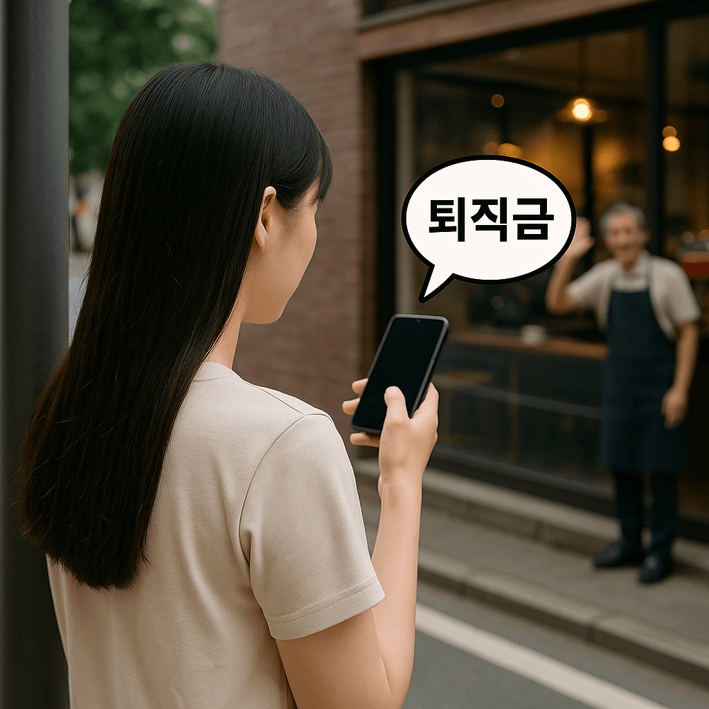 버스 정류장에서 아르바이트 퇴직금이 입금된 내역을 핸드폰으로 바라보는 여학생의 뒷모습과, 맞은편 카페에서 손을 흔드는 사장님