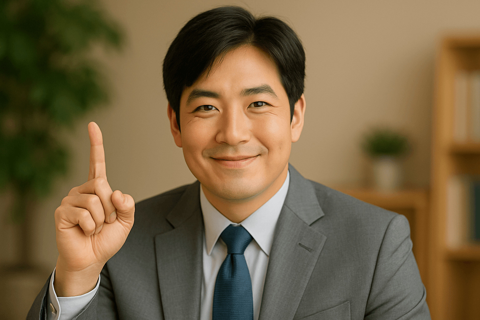 회색 정장을 입고 손가락을 들어 금융 정보를 설명하는 30대 동양인 남성의 밝은 사무실 인물 사진