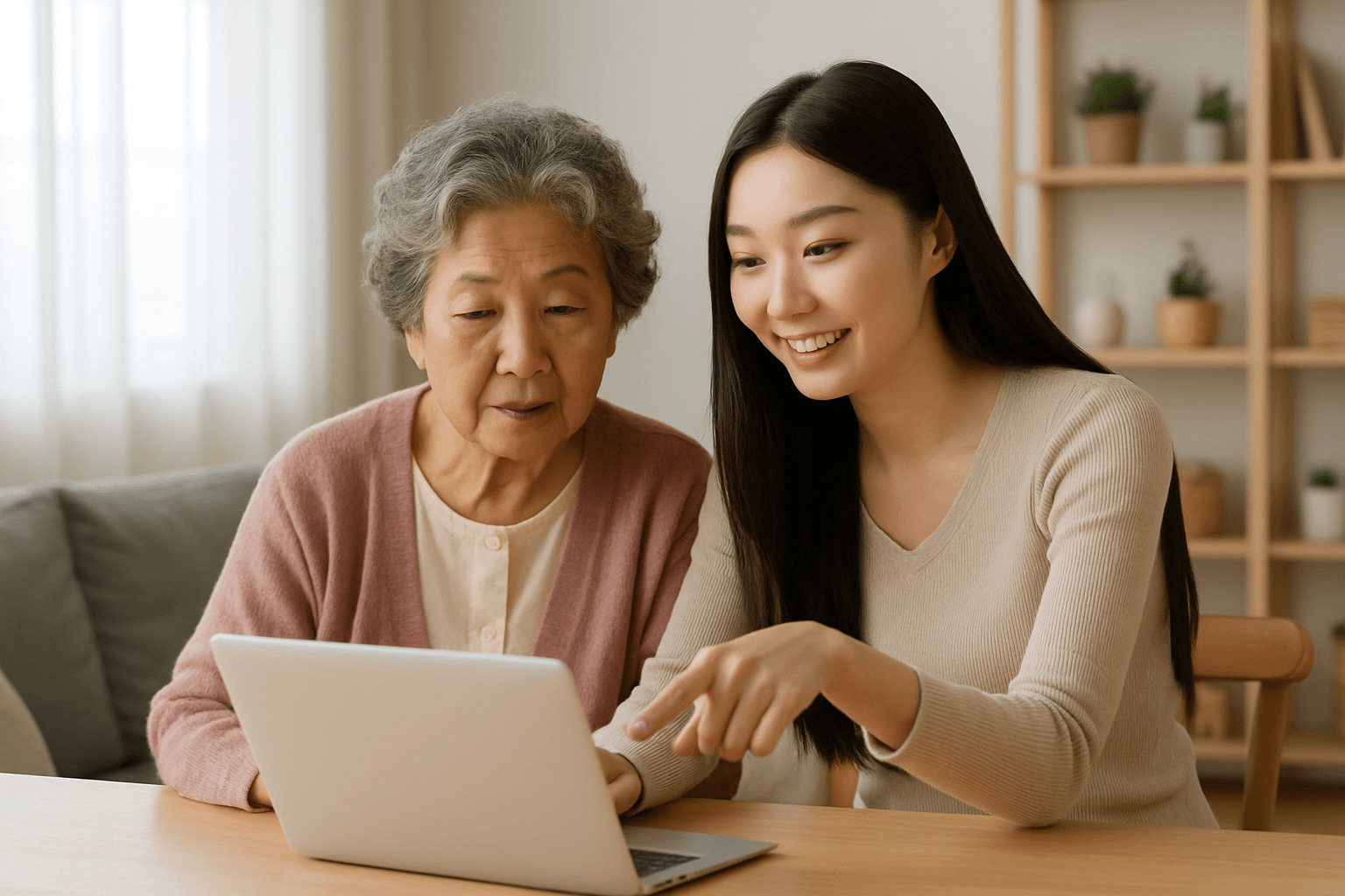 젊은 여성이 할머니와 함께 노트북을 보며 국민연금 세금 환급 신청 방법을 설명하고 있는 장면