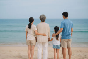 세대를 아우르는 한국 가족이 여름 해변에서 넓게 펼쳐진 바다를 바라보며 삶의 여정을 회상하는 장면. 중심에는 할머니가 있고, 손주들과 자녀들이 둘러싸여 있는 뒷모습이 평화롭게 담겨 있다.
