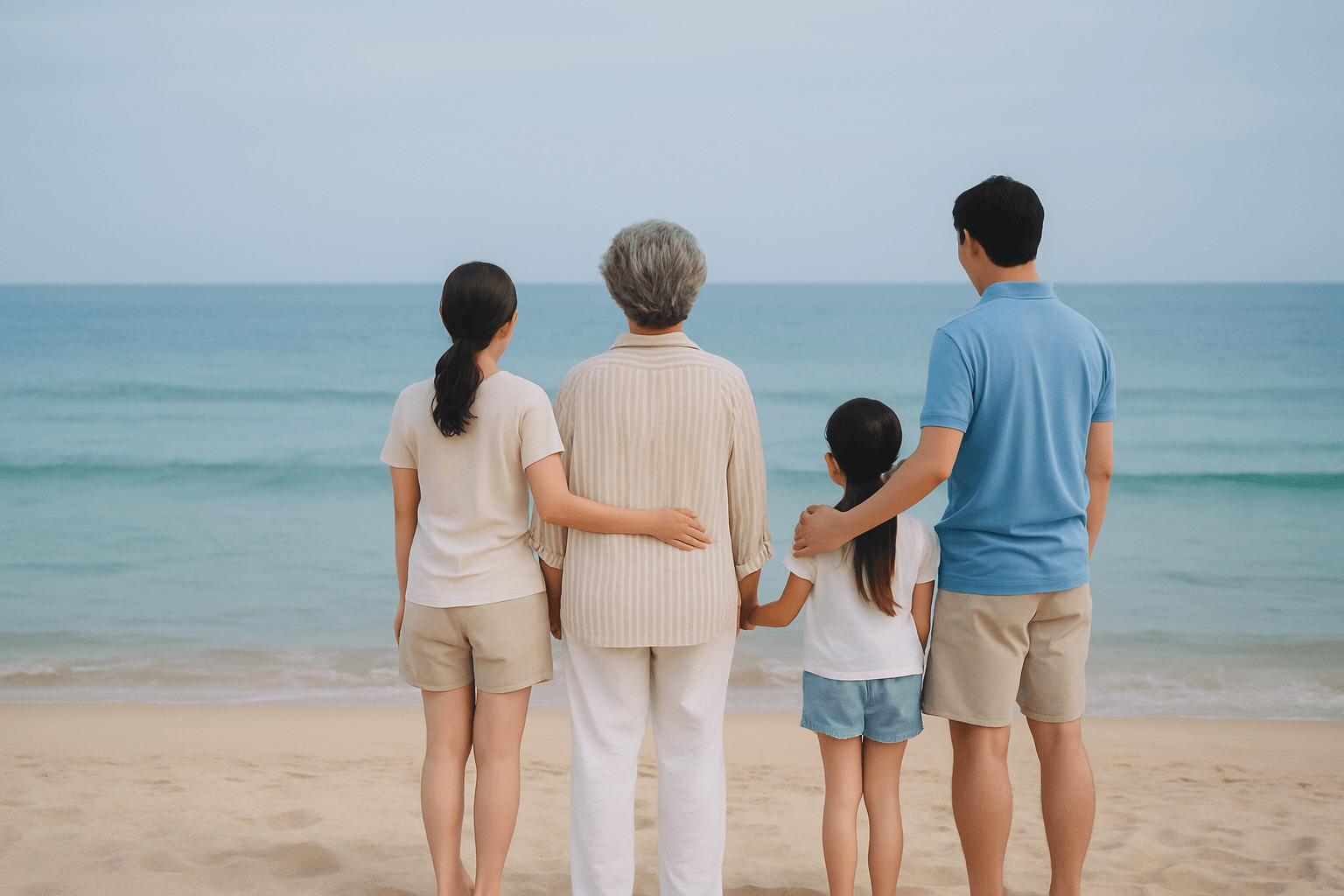 세대를 아우르는 한국 가족이 여름 해변에서 넓게 펼쳐진 바다를 바라보며 삶의 여정을 회상하는 장면. 중심에는 할머니가 있고, 손주들과 자녀들이 둘러싸여 있는 뒷모습이 평화롭게 담겨 있다.