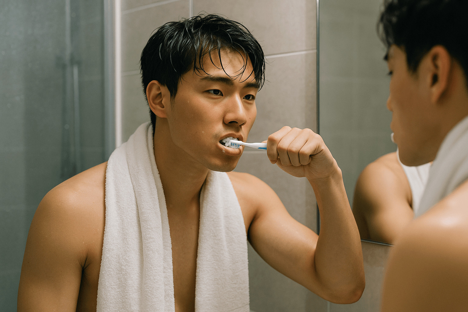 샤워 후 물에 젖은 머리로 거울 앞에서 양치질을 하는 청년. 목에 수건을 두르고 욕실에서 상반신이 드러난 상태로 서 있다.