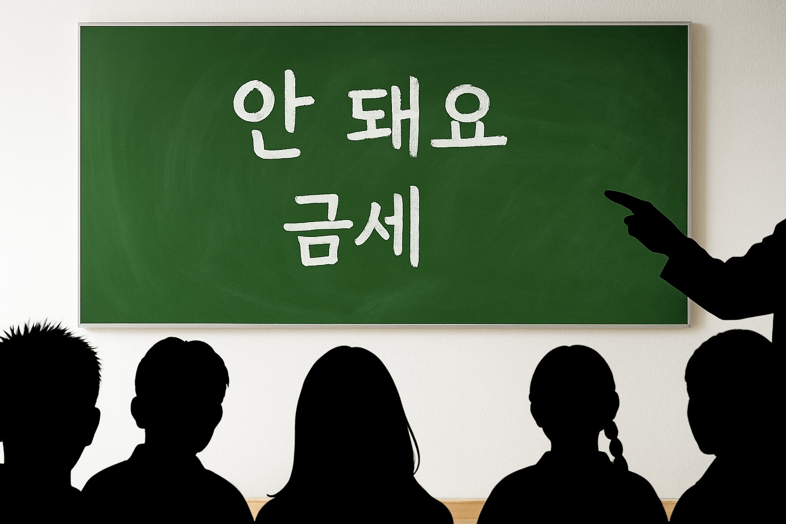 칠판에 '안 돼요', '금세'가 적힌 교실에서 학생들이 맞춤법 교육을 받는 장면 – 한글 맞춤법 교육