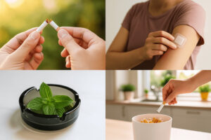 금연 보조제를 사용하여 담배를 끊는 장면과 금연 패치를 부착한 장면