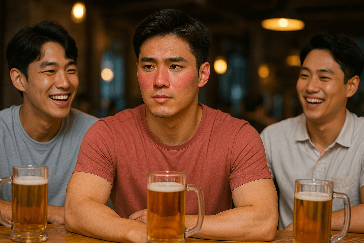 술 한잔에도 얼굴 빨개지는 청년이 친구들과 술자리에서 웃고 있는 장면