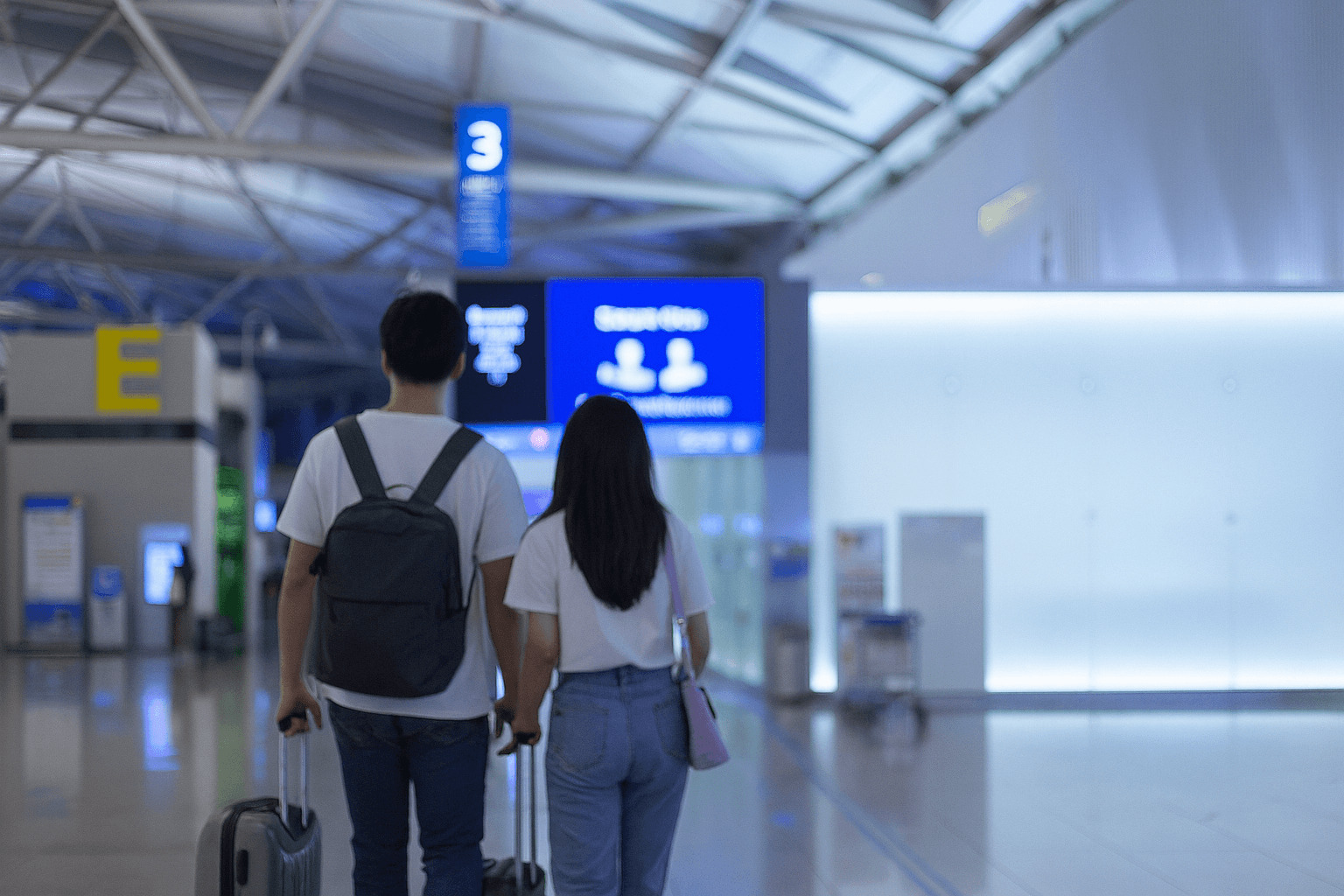 인천공항 스마트패스 전용 출국장을 향해 걸어가는 20대 커플의 뒷모습, 여름 해외여행 출국 장면