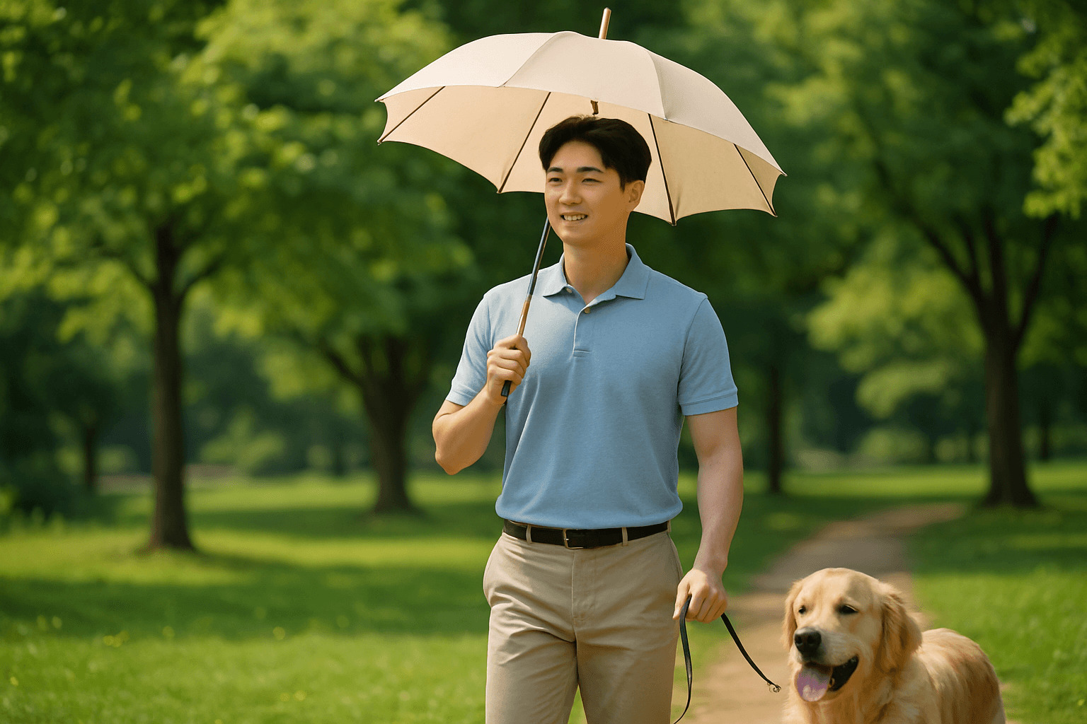 자외선 차단 양산을 쓴 남성이 대형견과 함께 공원을 산책하는 모습. 여름 햇빛 아래에서도 양산으로 피부를 보호하는 건강한 일상 장면.