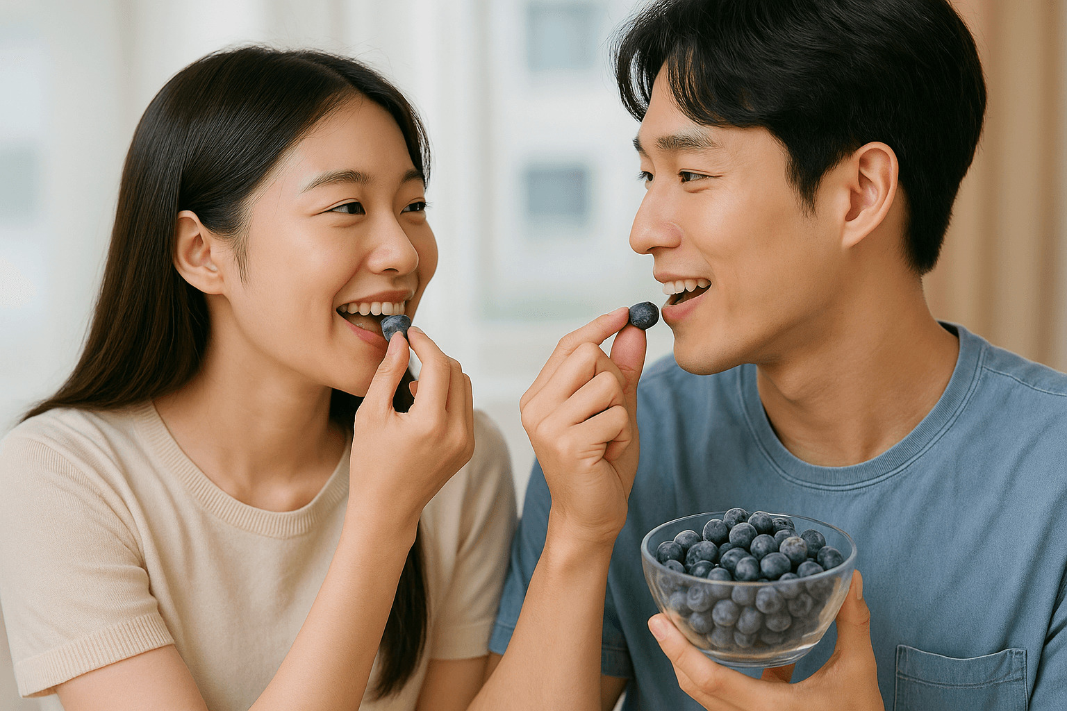 커플이 주방에서 냉동 과일 블루베리를 함께 먹으며 미소를 나누는 모습