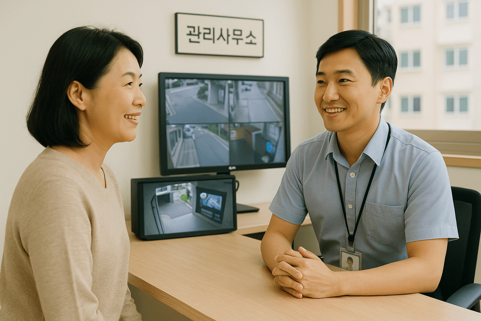 아파트 관리사무소에서 CCTV 열람 문제로 관리소 직원과 상담하는 주민