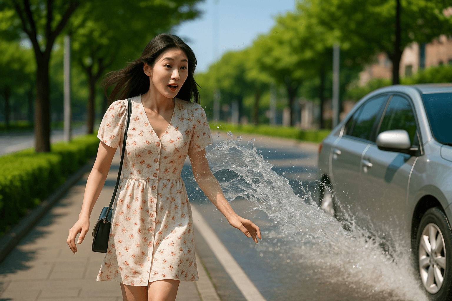 인도에서 걷고 있는 20대 여성이 지나가는 차량이 튀긴 물벼락을 맞으려는 순간, 포물선을 그리며 흩뿌려지는 튀진 물벼락 장면