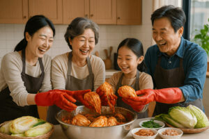 배추·무·젓갈 등 김장 재료를 준비하며 가족이 즐겁게 김장을 담그는 모습. 따뜻한 실내에서 함께 양념을 버무리고 웃는 풍경