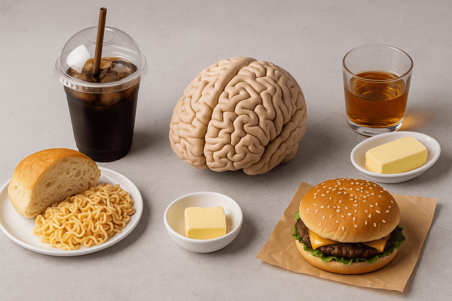 기억력을 떨어뜨리는 음식들이 식탁 위에 놓여 있다. 중앙에 뇌 모형이 있고, 그 주변에 콜라 음료, 흰빵, 라면, 버터, 햄버거가 배치된 실사 이미지로, 기억력 저하를 유발하는 대표적인 식습관을 상징한다.
