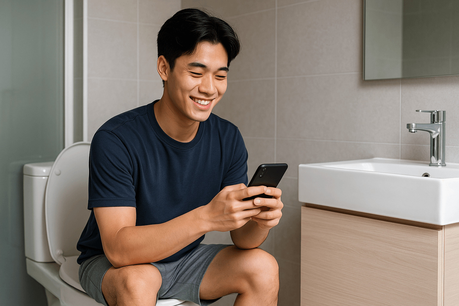 밝은 욕실 공간에서 스마트폰을 보며 미소 짓는 남성, 스마트폰 화장실 습관을 상징적으로 표현한 장면