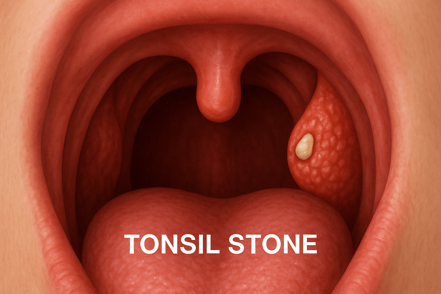 안쪽 편도 부위에 생긴 작은 편도결석을 사실적으로 보여주는 고해상도 실사 이미지