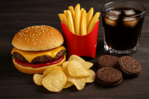 초가공식품의 대표 예시인 햄버거, 감자튀김, 콜라, 과자 등이 테이블 위에 놓여 있는 장면으로, 비만과 중독을 상징